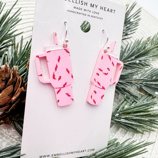 Pink Candy Cane Mini Tumbler Cup Earrings - Embellish My Heart