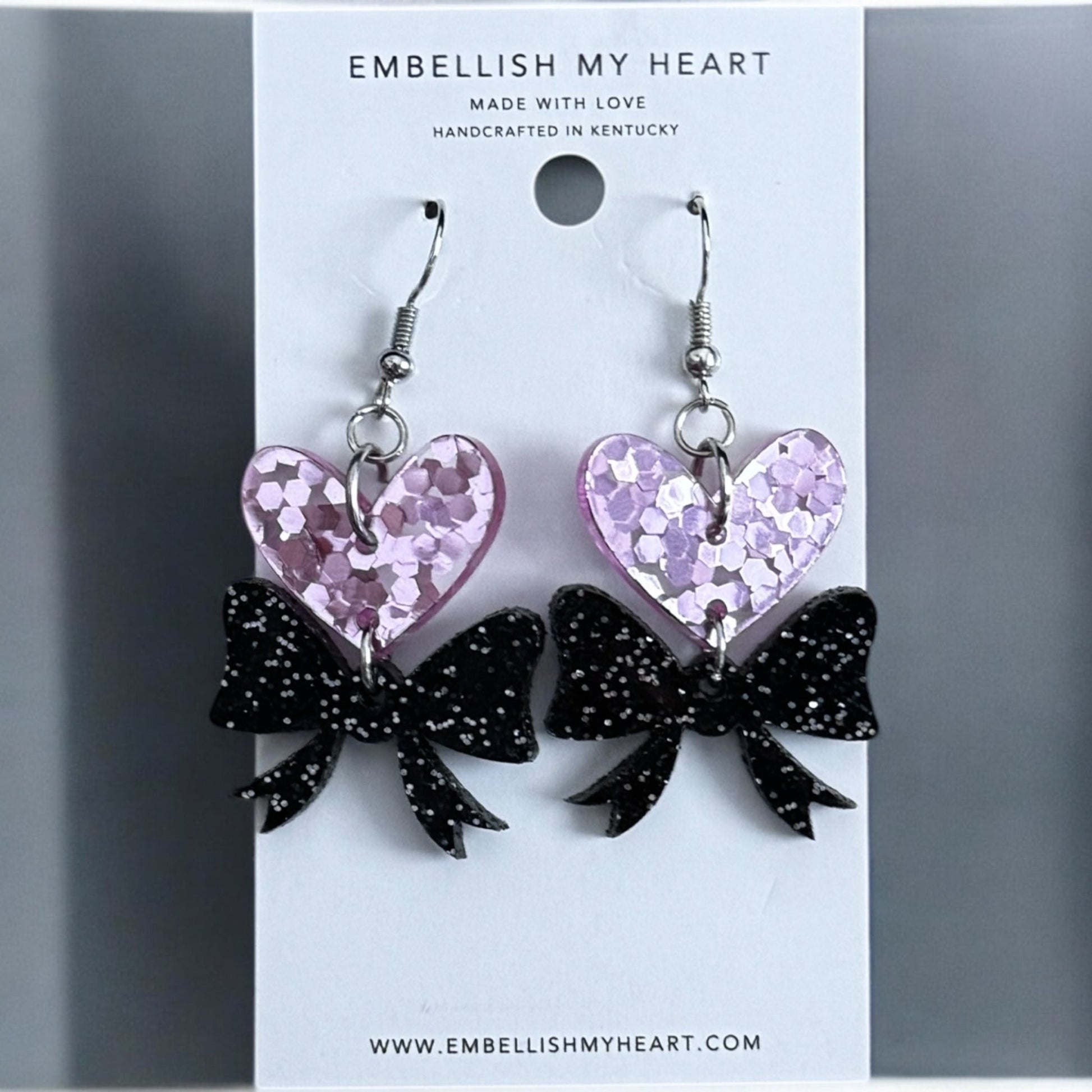 Pink Sequins Heart with Black Bow Valentine’s Day Dangle Earrings - Embellish My Heart