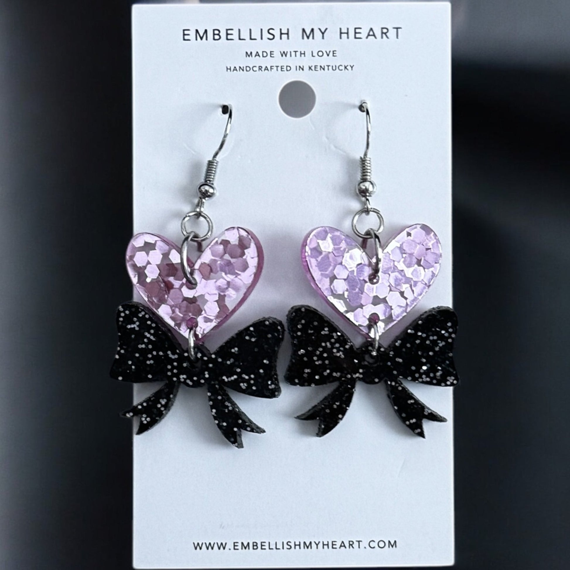 Pink Sequins Heart with Black Bow Valentine’s Day Dangle Earrings - Embellish My Heart