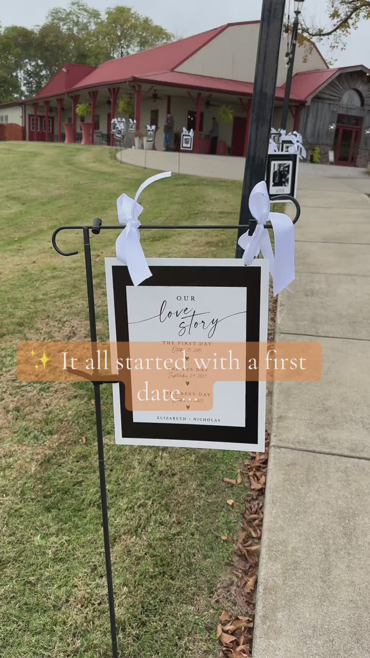 Load video: Wedding love story video showing a couple’s relationship timeline from their First Day to their Yes Day and finally their Best Day, with yearly photos leading up to the wedding.