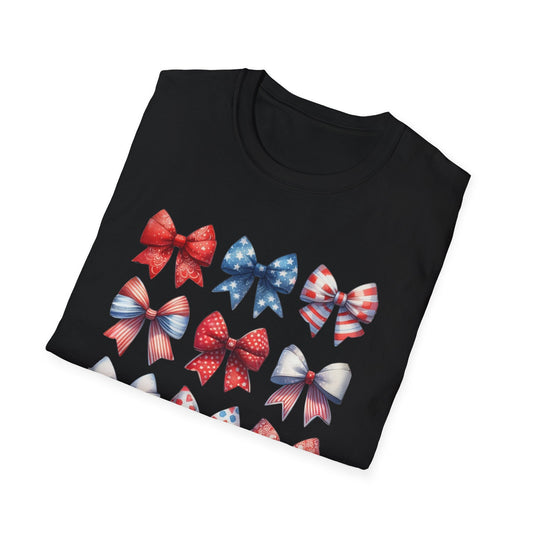 Red White Blue Bow Unisex T-Shirt, Patriotic Tee, American Flag Shirt, Fourth of July Top, Memorial Day Clothing - Embellish My Heart