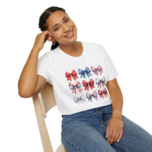 Red White Blue Bow Unisex T-Shirt, Patriotic Tee, American Flag Shirt, Fourth of July Top, Memorial Day Clothing - Embellish My Heart
