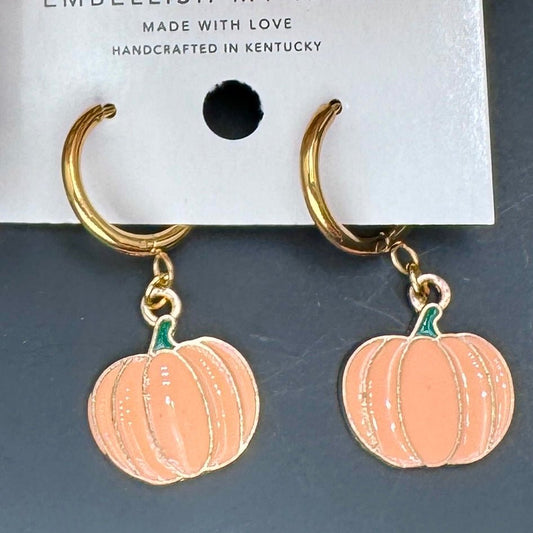 Spooky + Sweet Charm Hoop Earrings | Pumpkin Earrings | Skeleton Earrings | Stainless Steel Gold Huggies - Embellish My Heart