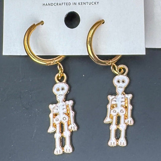 Spooky + Sweet Charm Hoop Earrings | Pumpkin Earrings | Skeleton Earrings | Stainless Steel Gold Huggies - Embellish My Heart