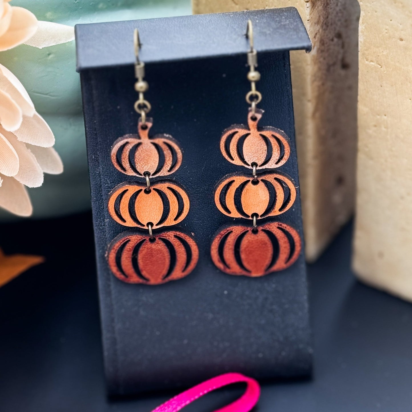 Stackable Pumpkin 3 Pumpkin Dangle Leather Earrings - Embellish My Heart