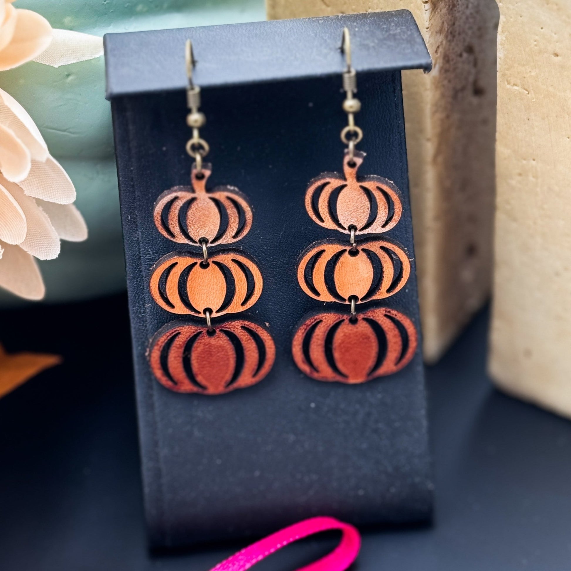Stackable Pumpkin 3 Pumpkin Dangle Leather Earrings - Embellish My Heart