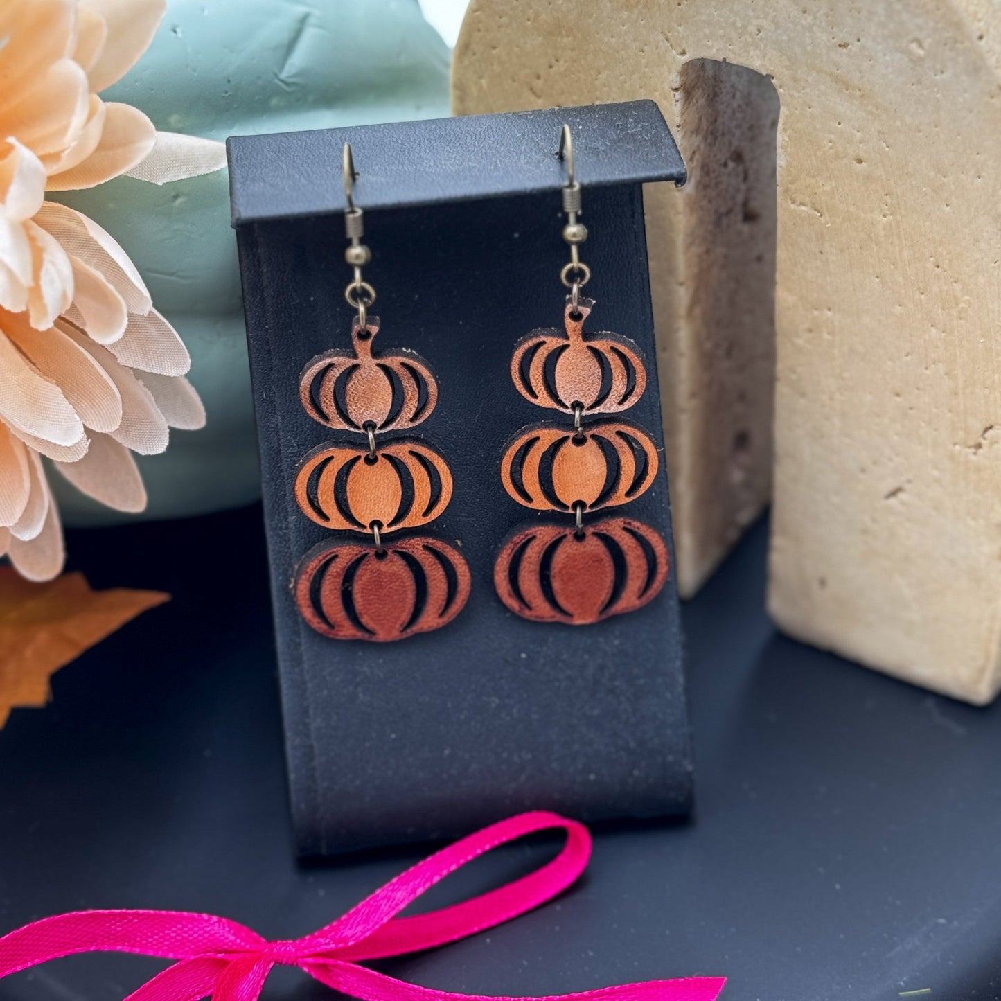 Stackable Pumpkin 3 Pumpkin Dangle Leather Earrings - Embellish My Heart