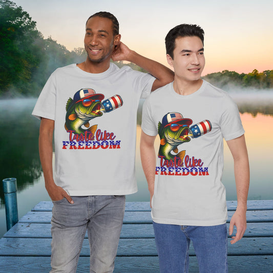 Tastes Like Freedom Shirt | Funny Patriotic Fishing Tee | 4th of July Lake Shirt for Men | Red White and Blue Bass Shirt - Embellish My Heart