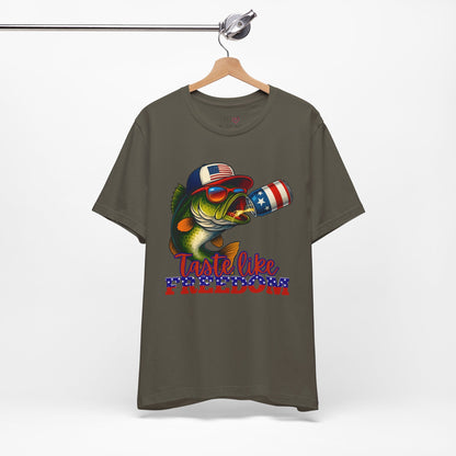 Tastes Like Freedom Shirt | Funny Patriotic Fishing Tee | 4th of July Lake Shirt for Men | Red White and Blue Bass Shirt - Embellish My Heart