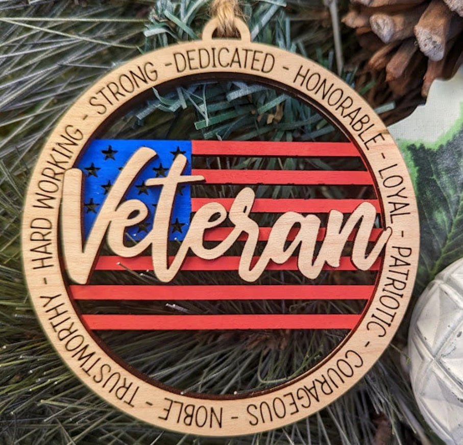 Veterans Ornament - Round Wood Design with American Flag and Inspiring Words - Embellish My Heart