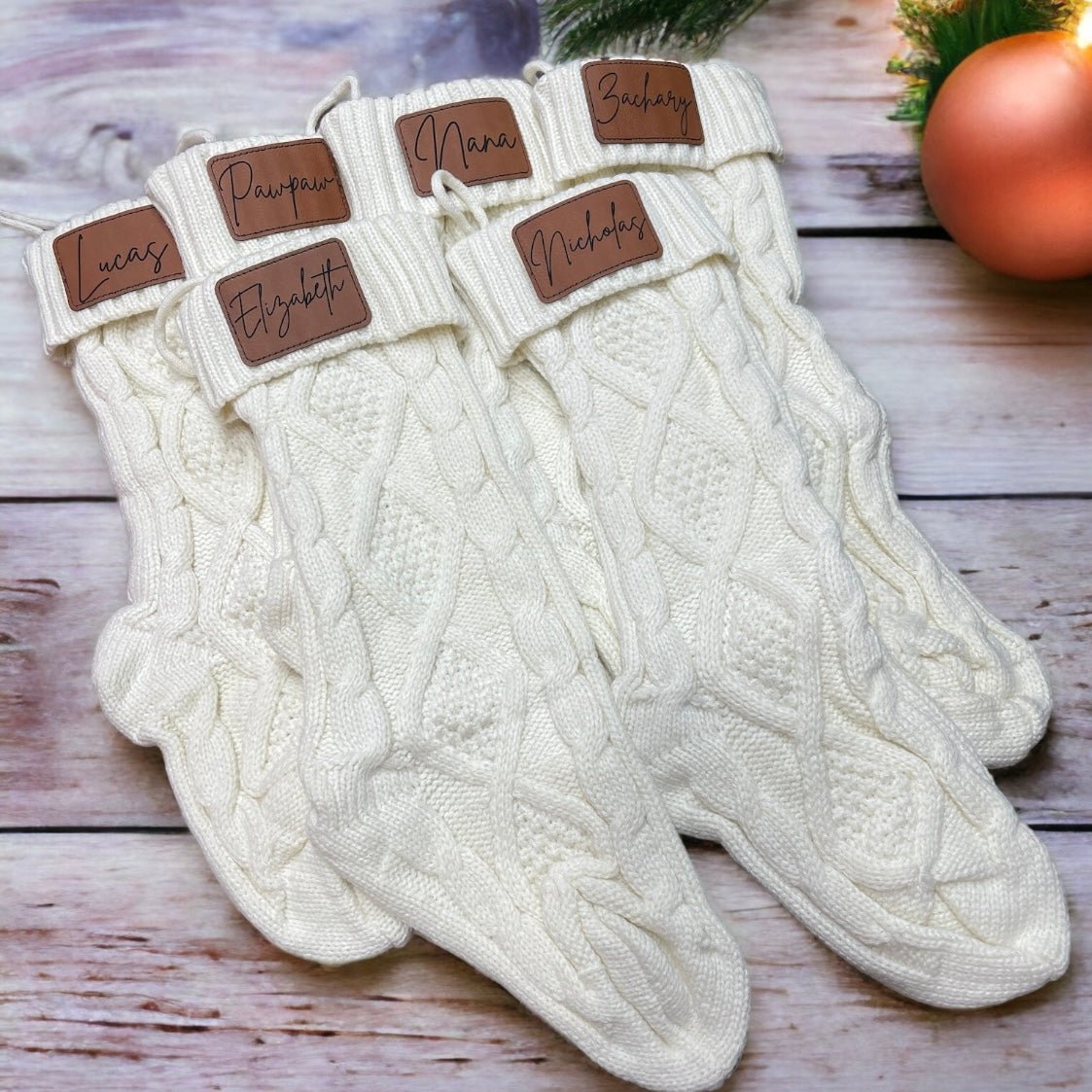 Cable knit Christmas Holiday stocking with leatherette patch - Embellish My Heart