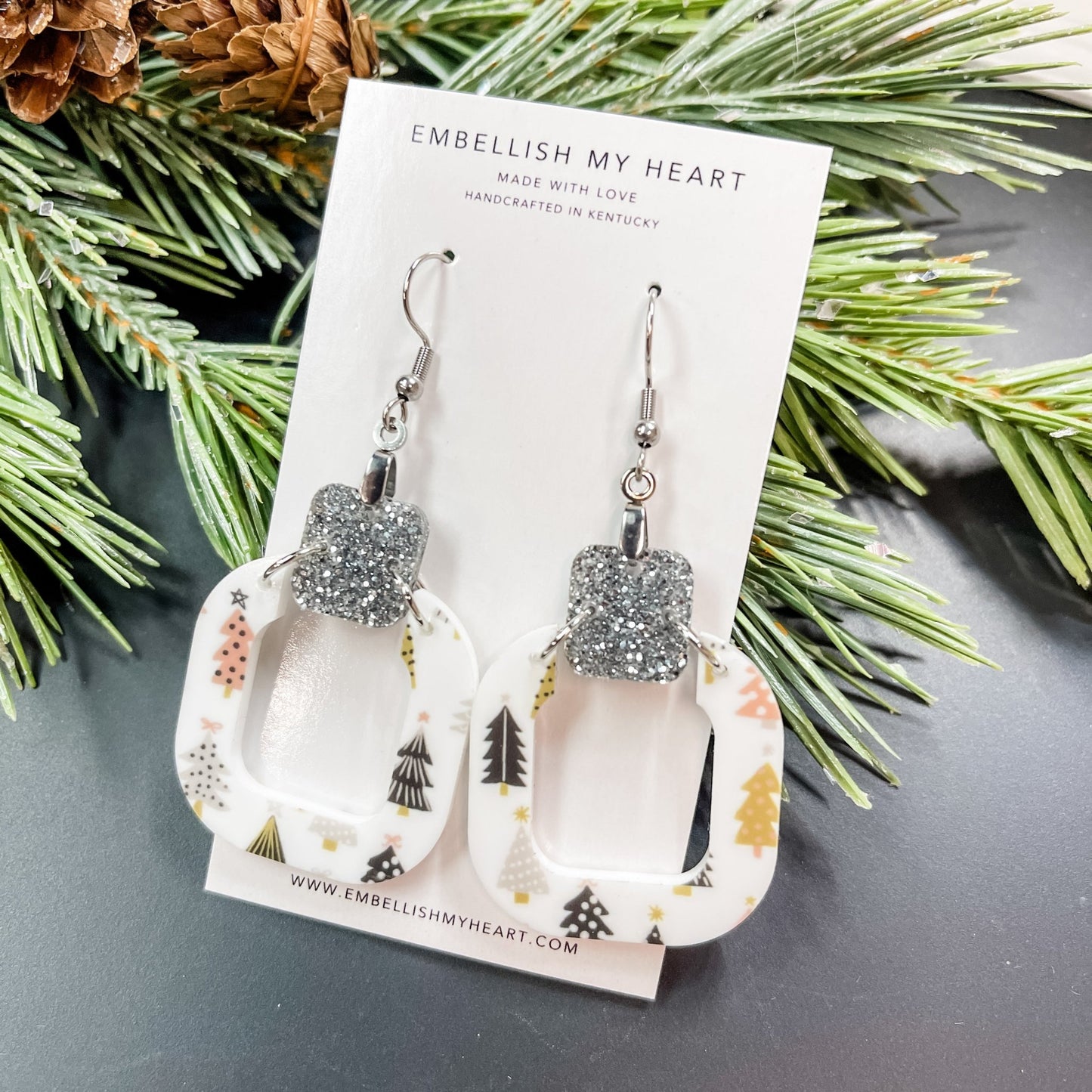 Christmas Tree Rounded Square Acrylic Dangle Earrings - Embellish My Heart