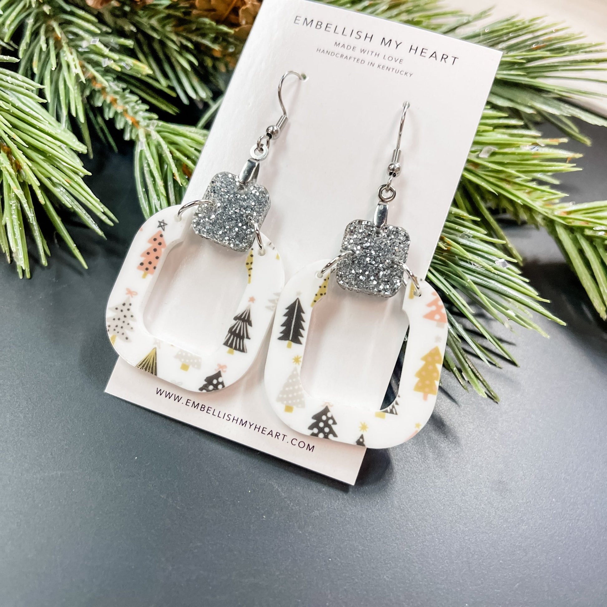 Christmas Tree Rounded Square Acrylic Dangle Earrings - Embellish My Heart