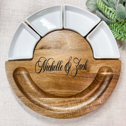 Circular serving board with ramekins and utensils, Closing Gift, Wedding Gift - Embellish My Heart