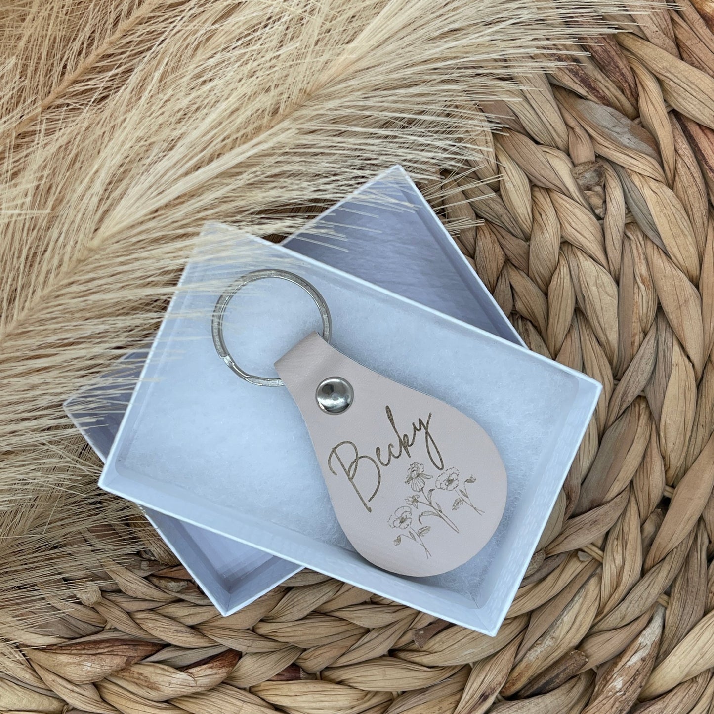 Custom Keychains - Engraved Beige Faux Leather Teardrop Keychain - Embellish My Heart