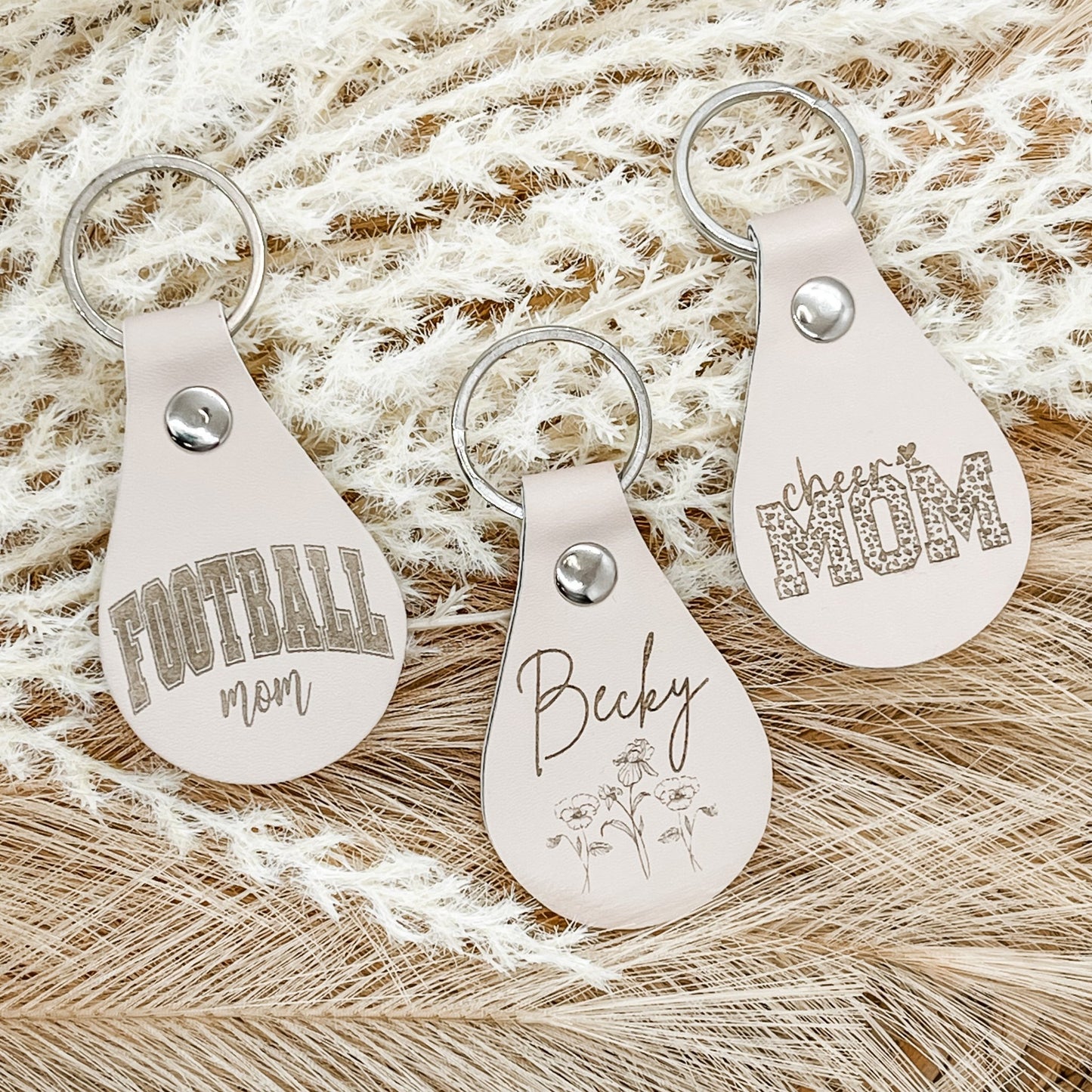 Custom Keychains - Engraved Beige Faux Leather Teardrop Keychain - Embellish My Heart