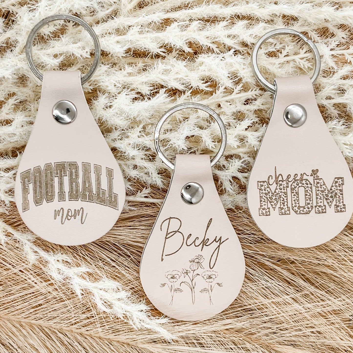 Custom Keychains - Engraved Beige Faux Leather Teardrop Keychain - Embellish My Heart