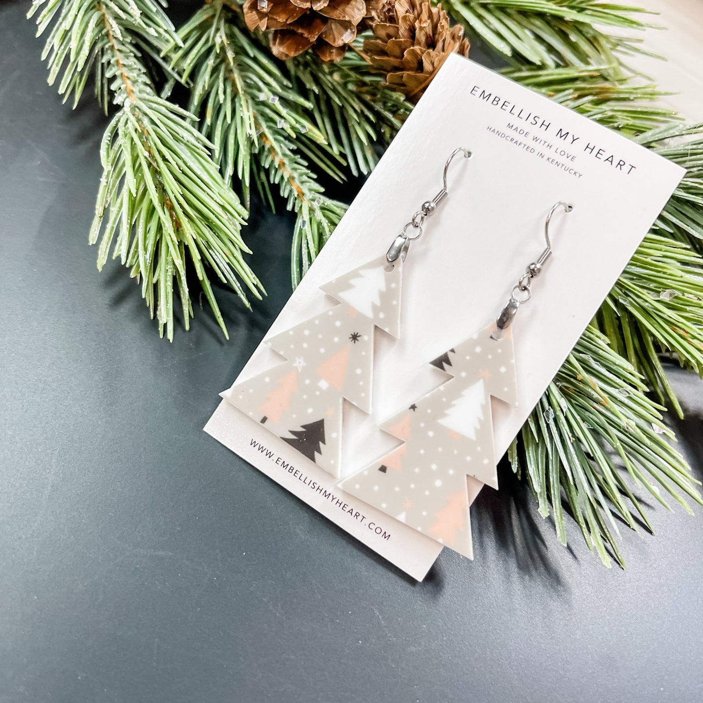 Gray Pink Christmas Tree Acrylic Dangle Earrings - Embellish My Heart
