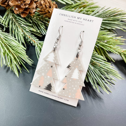 Gray Pink Christmas Tree Acrylic Dangle Earrings - Embellish My Heart