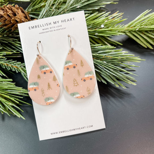 Pink Car with Tree Teardrop Acrylic Dangle Earrings - Embellish My Heart