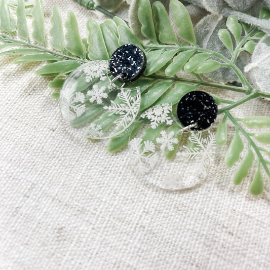 Snowflake Black Glitter Acrylic Post Dangle Earrings - Embellish My Heart